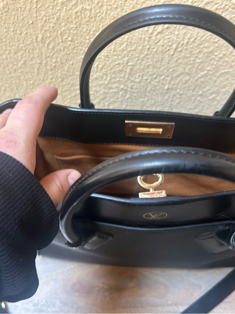 Louis Vuitton Black Leather Satchel with Gold Hardware